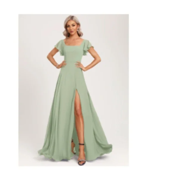 navy blue dress for baby girl A-line Square Floor-Length Chiffon Bridesmaid Dress With Ruffle